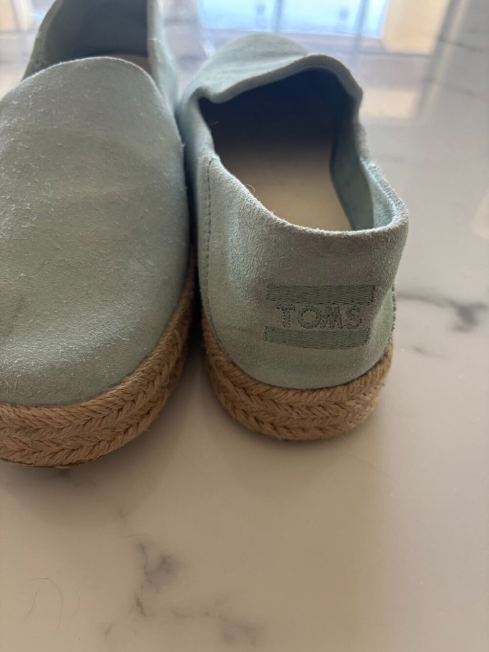 TOMS Suede Espadrille Platform Loafer Size 6 EU 36.5 Mint Sage Leather Upper - Picture 5 of 8